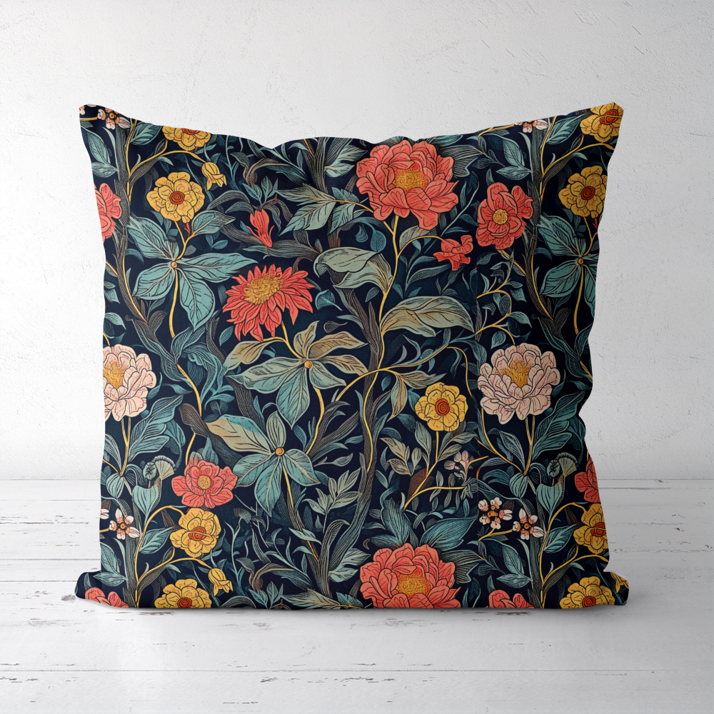 Throw Pillow – William Morris-Inspired Charming Colored Flowers And Leaves Pattern