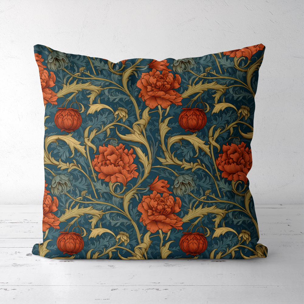 Throw Pillow – William Morris Beautiful Liberty Floral Pattern With Lush Orange Blossoms, Golden Yellow, And Blue Foliage
