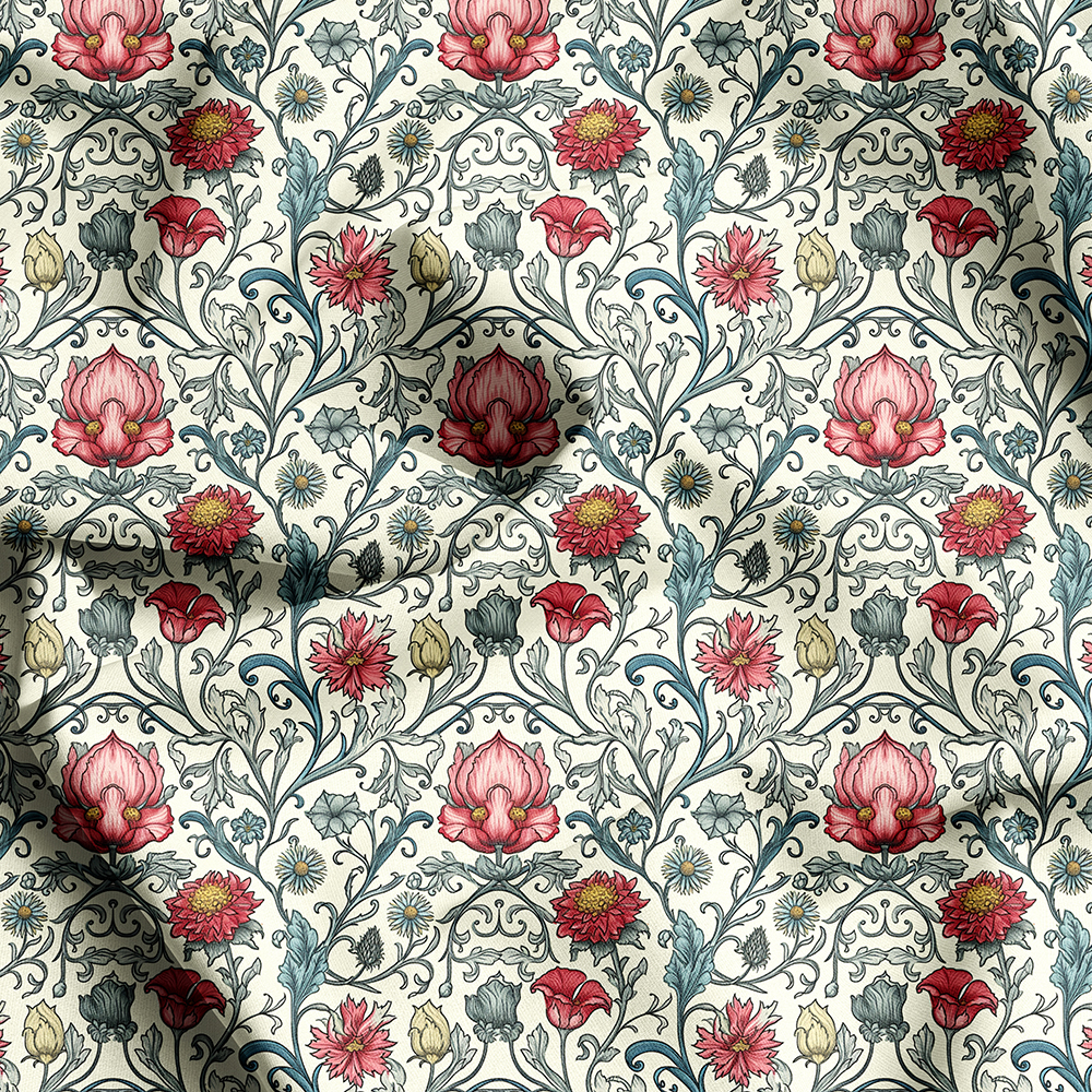 William Morris-Inspired Red Floral and Leaves Pattern Fabric – Custom Print Fabrics