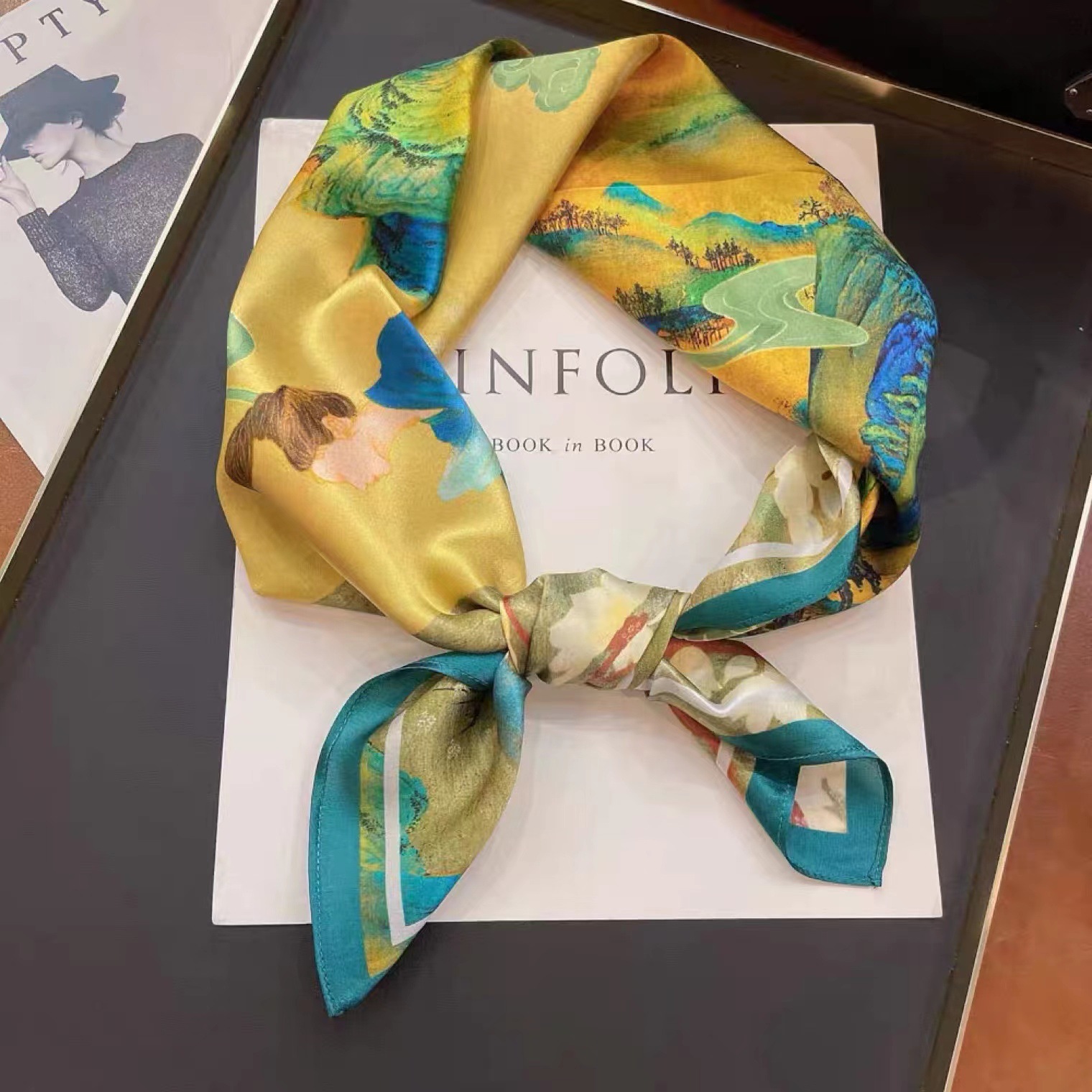 100% Real Mulberry Silk Scarf with Chinese Vintage Landscape Print – Headscarf, Hair Wrap, Neck Scarf, Neckerchief