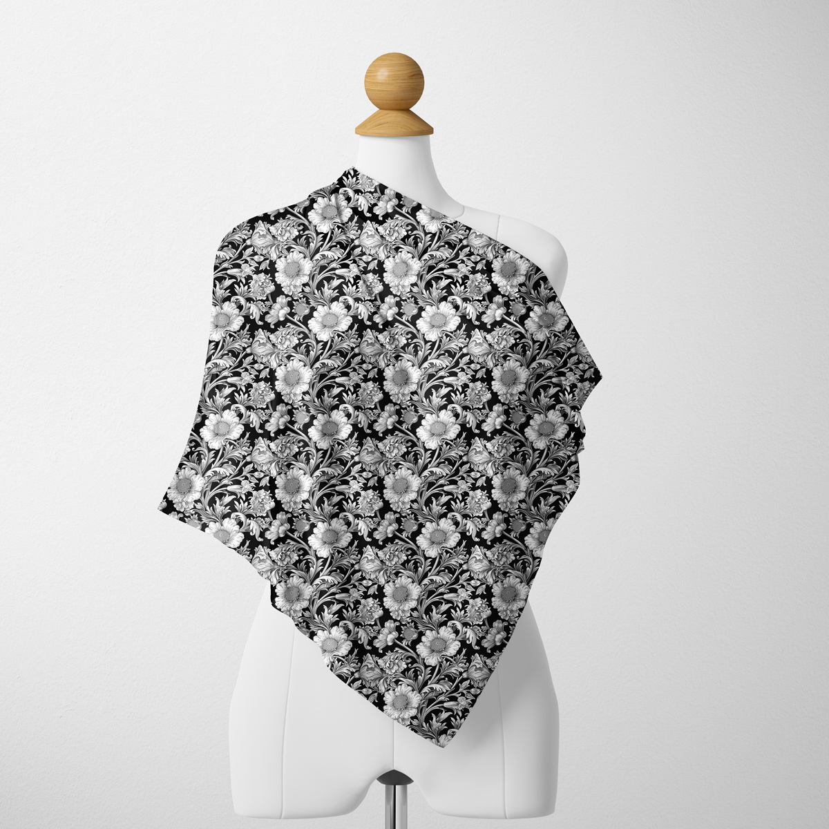 Silk Scarf wtih William Morris Black and White Floral